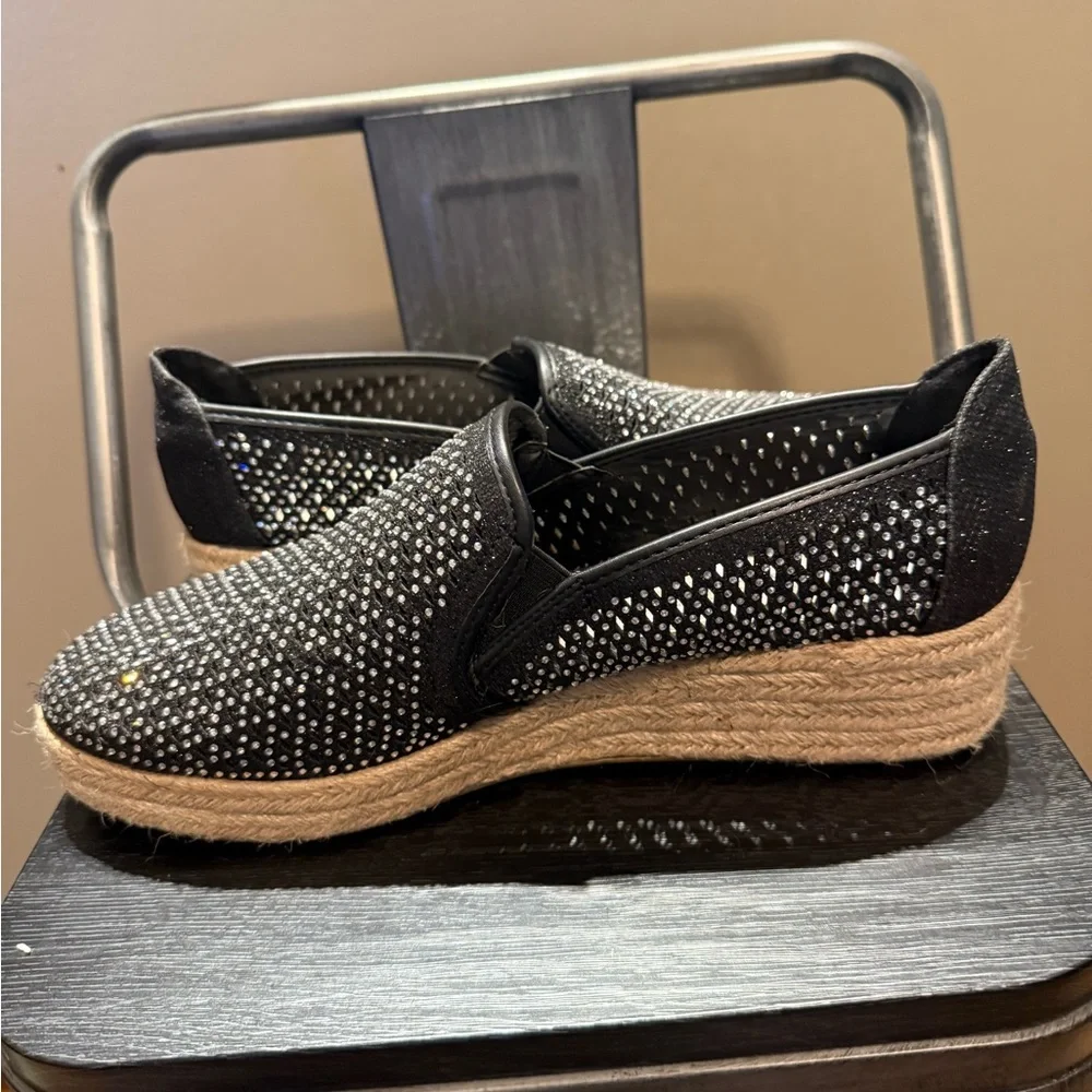 Andiamo Black Rhinestone Studded Espadrille Slip On Flats Womens Size 11 - Picture 6 of 12